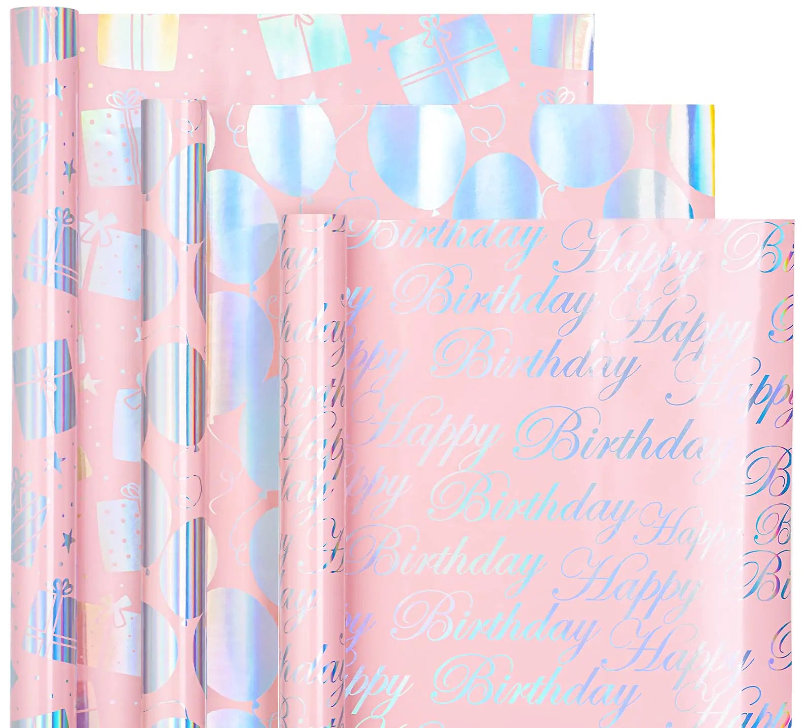 WRAPAHOLIC Birthday Wrapping Paper Roll - Mini Roll - 3 Rolls - 17 inch X 120 inch Per roll - Pink and Silver Foil Design for Party Holiday Baby Shower Kia Day Design