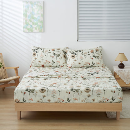 DaDalogy Enchanted Meadow Bed Sheet Set - Floral Harmony in Beige, Rose, and Soft Green, Premium Soft Microfiber, Machine Washable, Deep Pocket 14 - 15 Inches + Flat Sheet- DaDalogy Bedding Collection- {{Product type}}