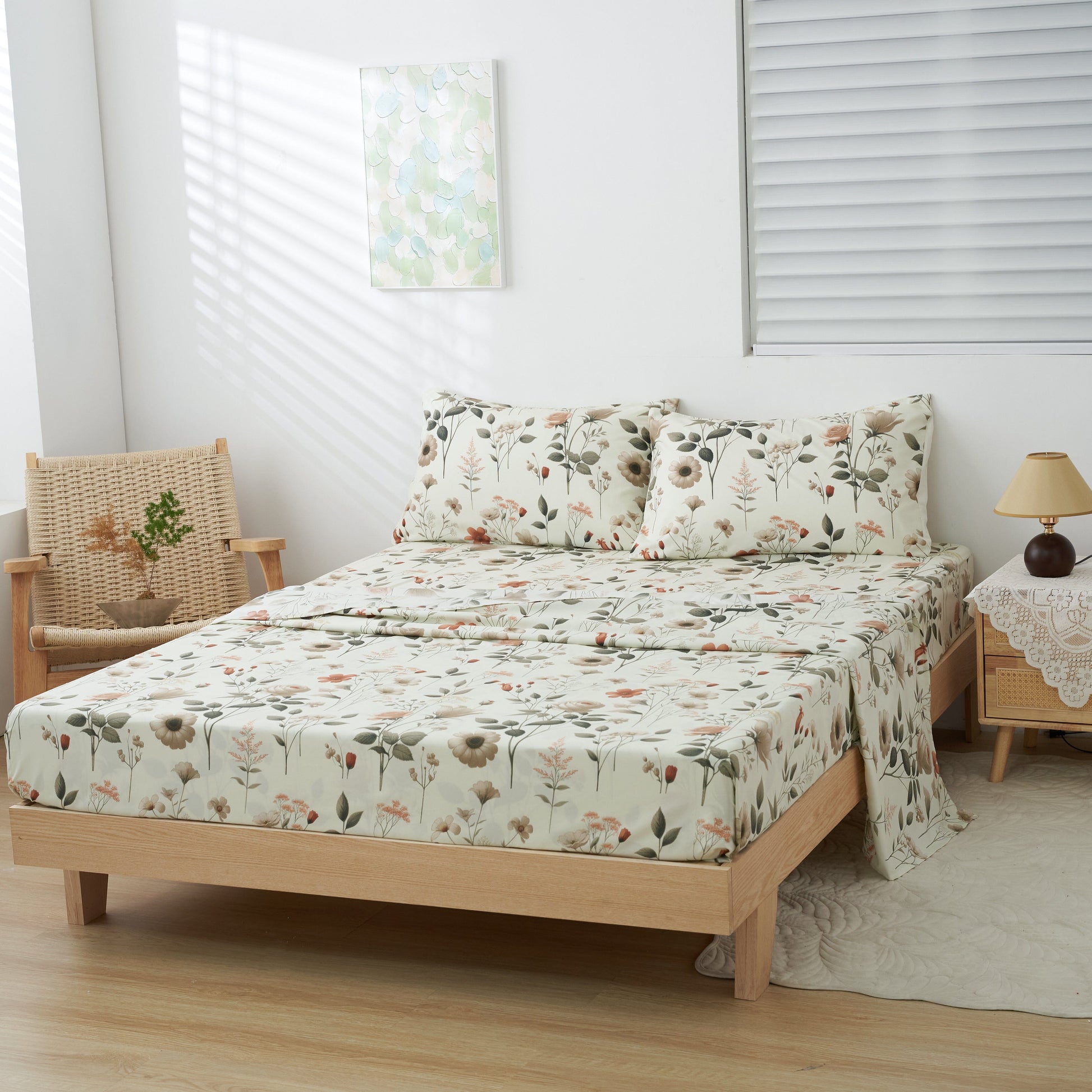 DaDalogy Enchanted Meadow Bed Sheet Set - Floral Harmony in Beige, Rose, and Soft Green, Premium Soft Microfiber, Machine Washable, Deep Pocket 14 - 15 Inches + Flat Sheet- DaDalogy Bedding Collection- {{Product type}}