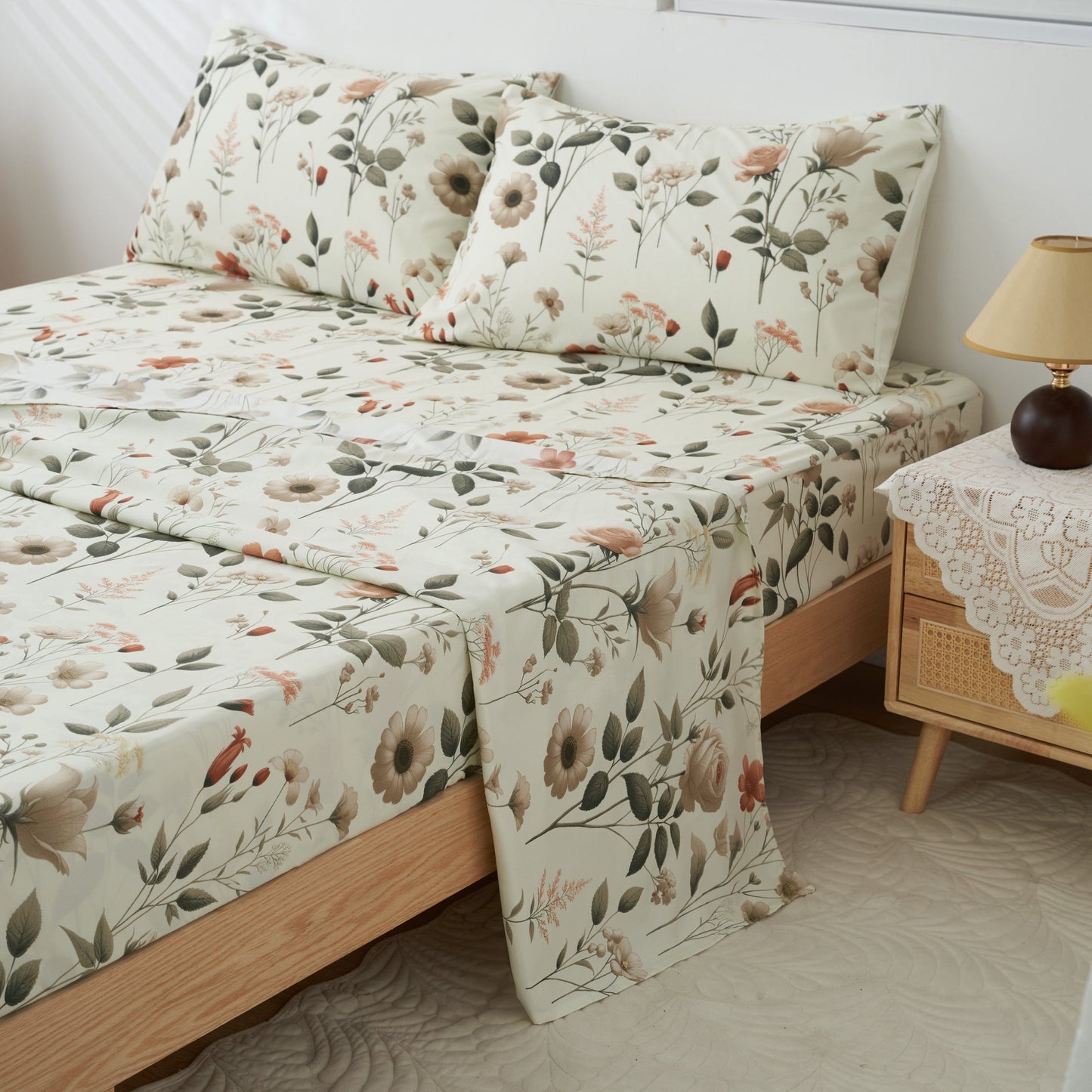DaDalogy Enchanted Meadow Bed Sheet Set - Floral Harmony in Beige, Rose, and Soft Green, Premium Soft Microfiber, Machine Washable, Deep Pocket 14 - 15 Inches + Flat Sheet- DaDalogy Bedding Collection- {{Product type}}