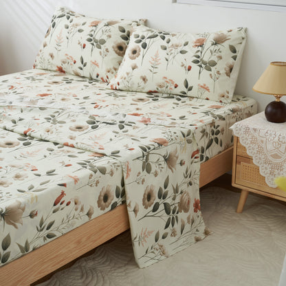DaDalogy Enchanted Meadow Bed Sheet Set - Floral Harmony in Beige, Rose, and Soft Green, Premium Soft Microfiber, Machine Washable, Deep Pocket 14 - 15 Inches + Flat Sheet- DaDalogy Bedding Collection- {{Product type}}