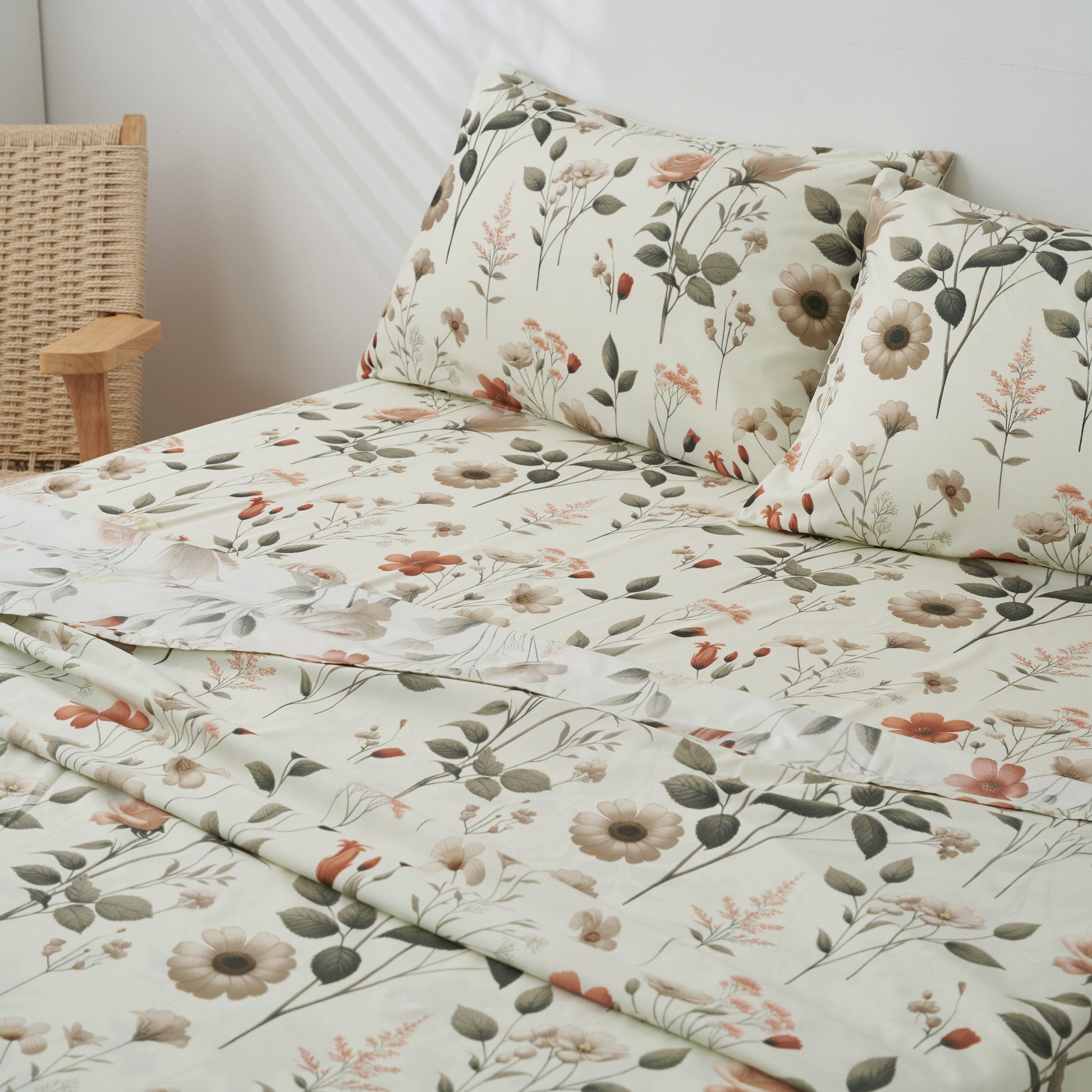 DaDalogy Enchanted Meadow Bed Sheet Set - Floral Harmony in Beige, Rose, and Soft Green, Premium Soft Microfiber, Machine Washable, Deep Pocket 14 - 15 Inches + Flat Sheet- DaDalogy Bedding Collection- {{Product type}}