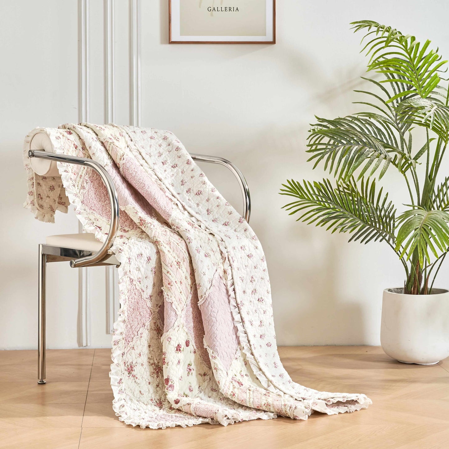 DaDalogy Cotton Patchwork Throw Blanket - Floral Cottage Quilted Reversible Blush Pink & Cream Shabby Chic Botanical Ruffle Design - Vintage Garden Rose Pastel Accents (3031)- 50 x 60- DaDalogy Bedding Collection- {{Product type}}