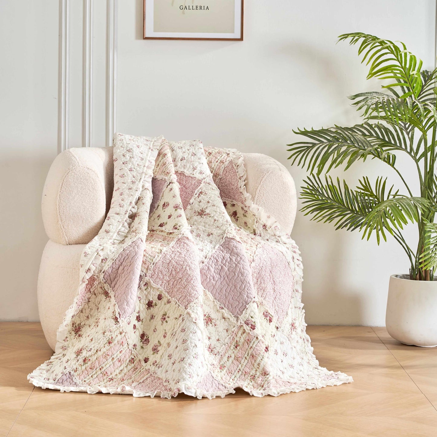 DaDalogy Cotton Patchwork Throw Blanket - Floral Cottage Quilted Reversible Blush Pink & Cream Shabby Chic Botanical Ruffle Design - Vintage Garden Rose Pastel Accents (3031)- 50 x 60- DaDalogy Bedding Collection- {{Product type}}