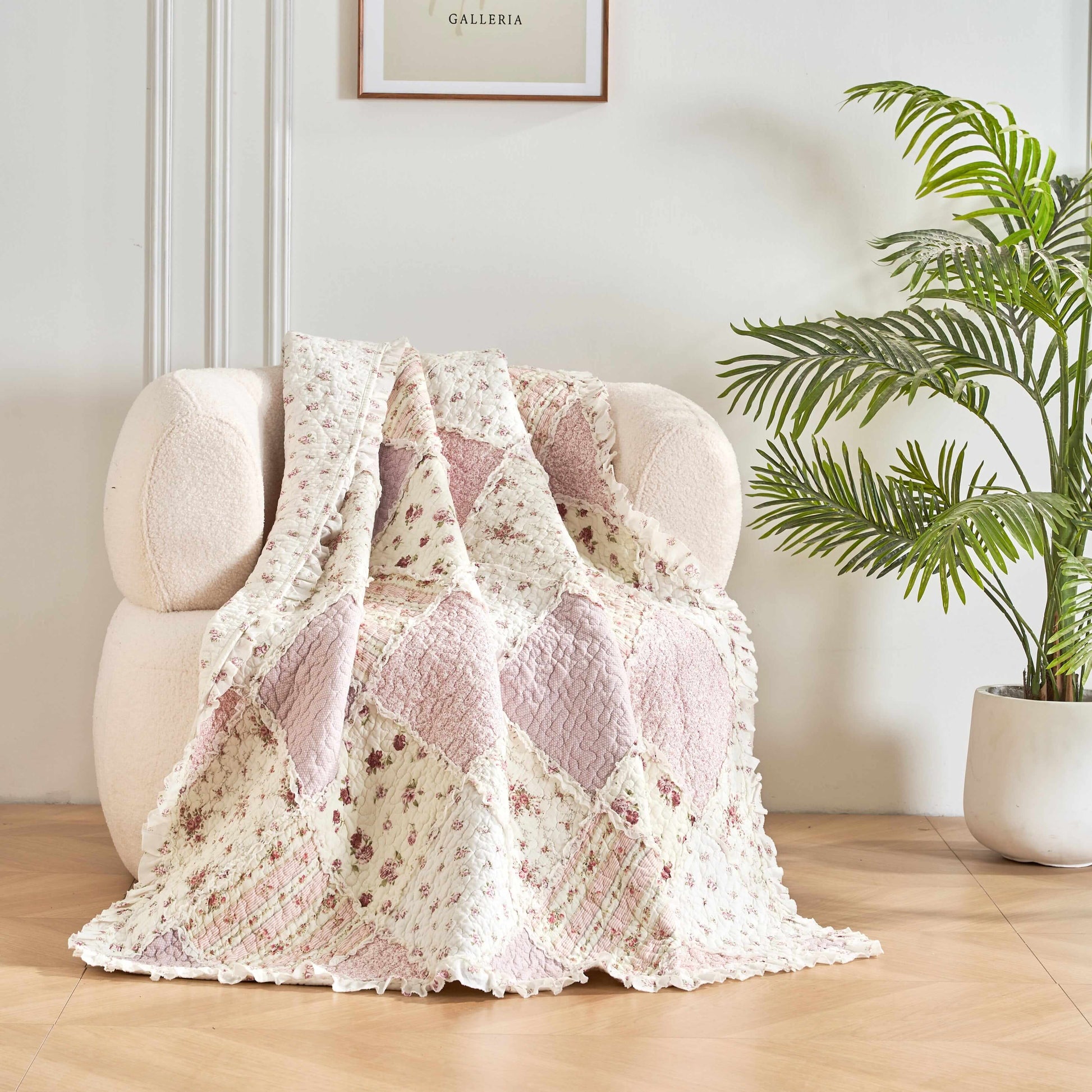 DaDalogy Cotton Patchwork Throw Blanket - Floral Cottage Quilted Reversible Blush Pink & Cream Shabby Chic Botanical Ruffle Design - Vintage Garden Rose Pastel Accents (3031)- 50 x 60- DaDalogy Bedding Collection- {{Product type}}