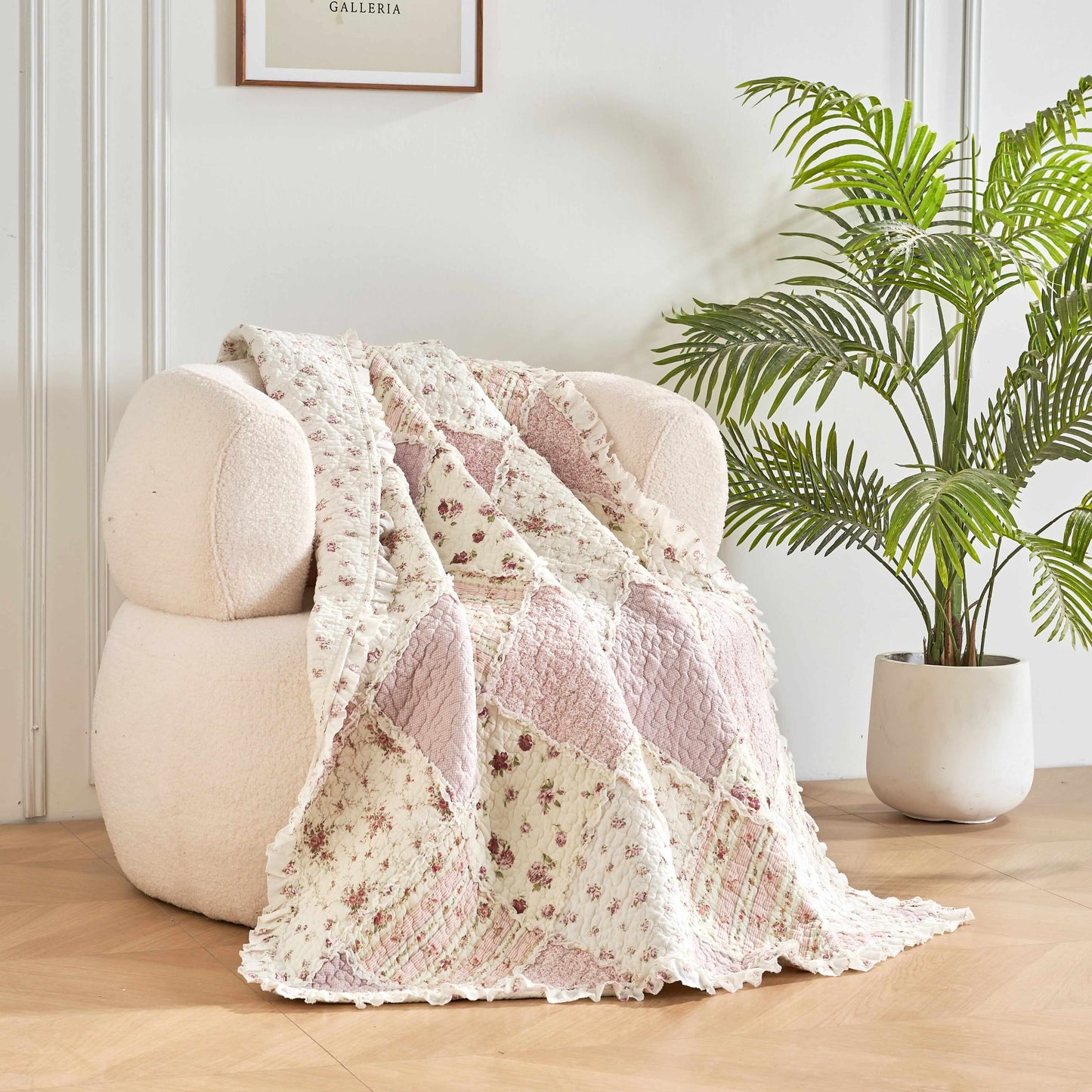 DaDalogy Cotton Patchwork Throw Blanket - Floral Cottage Quilted Reversible Blush Pink & Cream Shabby Chic Botanical Ruffle Design - Vintage Garden Rose Pastel Accents (3031)- 50 x 60- DaDalogy Bedding Collection- {{Product type}}