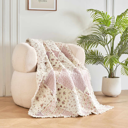 DaDalogy Cotton Patchwork Throw Blanket - Floral Cottage Quilted Reversible Blush Pink & Cream Shabby Chic Botanical Ruffle Design - Vintage Garden Rose Pastel Accents (3031)- 50 x 60- DaDalogy Bedding Collection- {{Product type}}