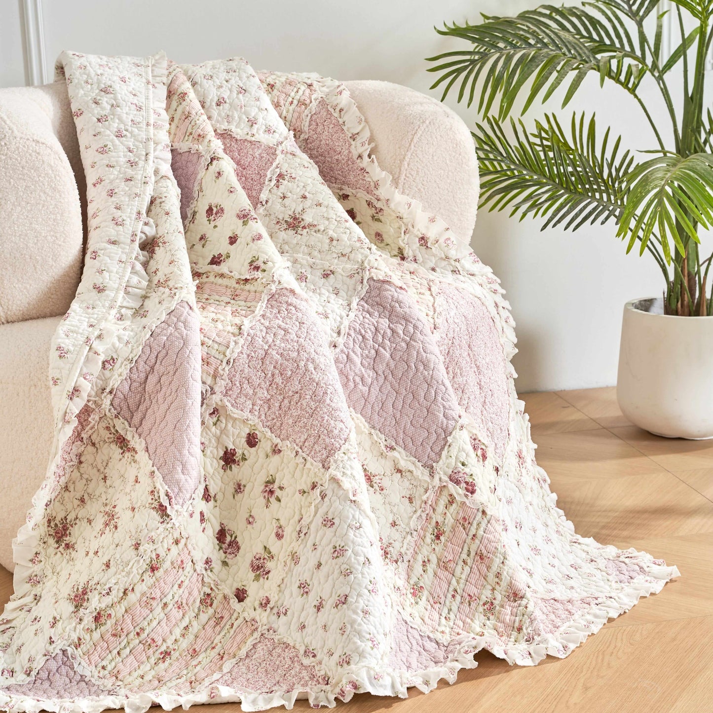 DaDalogy Cotton Patchwork Throw Blanket - Floral Cottage Quilted Reversible Blush Pink & Cream Shabby Chic Botanical Ruffle Design - Vintage Garden Rose Pastel Accents (3031)- 50 x 60- DaDalogy Bedding Collection- {{Product type}}