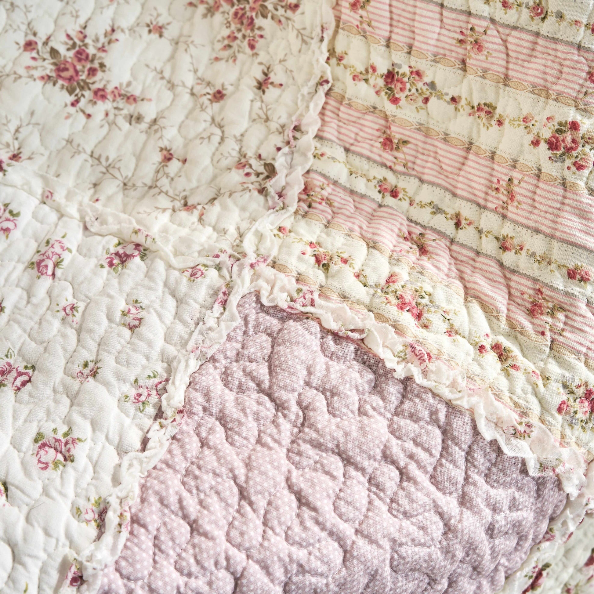 DaDalogy Cotton Patchwork Throw Blanket - Floral Cottage Quilted Reversible Blush Pink & Cream Shabby Chic Botanical Ruffle Design - Vintage Garden Rose Pastel Accents (3031)- 50 x 60- DaDalogy Bedding Collection- {{Product type}}