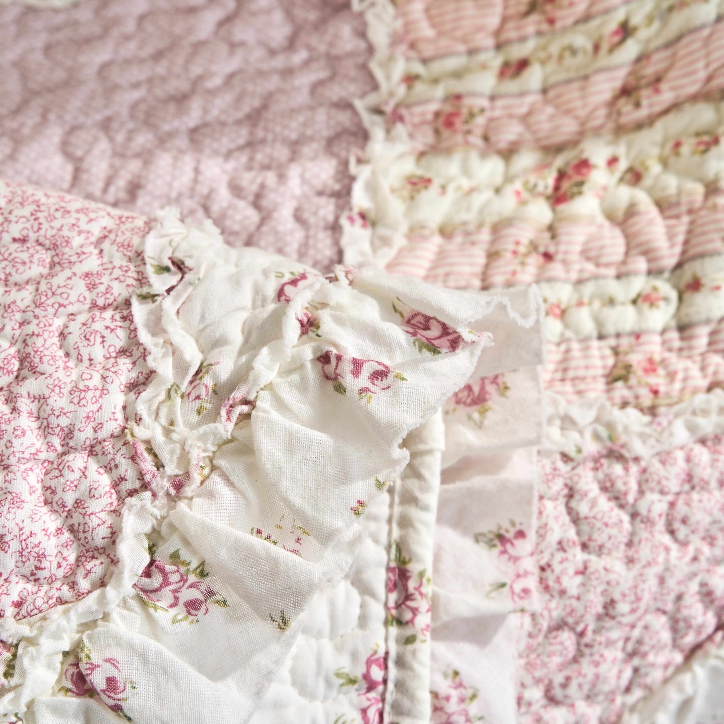 DaDalogy Cotton Patchwork Throw Blanket - Floral Cottage Quilted Reversible Blush Pink & Cream Shabby Chic Botanical Ruffle Design - Vintage Garden Rose Pastel Accents (3031)- 50 x 60- DaDalogy Bedding Collection- {{Product type}}