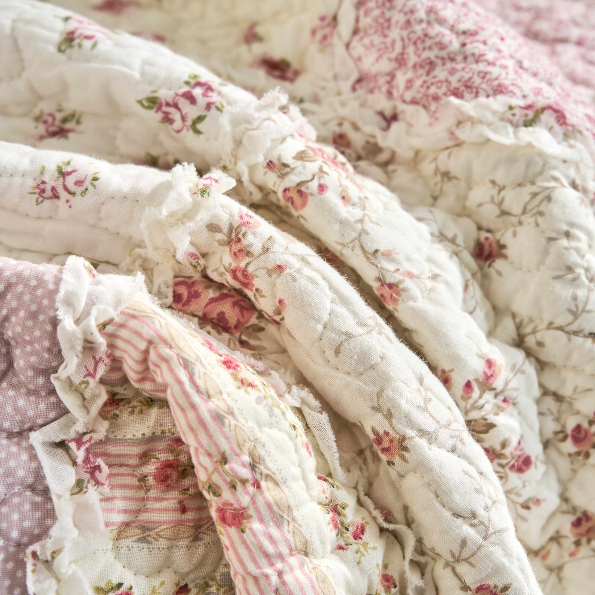 DaDalogy Cotton Patchwork Throw Blanket - Floral Cottage Quilted Reversible Blush Pink & Cream Shabby Chic Botanical Ruffle Design - Vintage Garden Rose Pastel Accents (3031)- 50 x 60- DaDalogy Bedding Collection- {{Product type}}