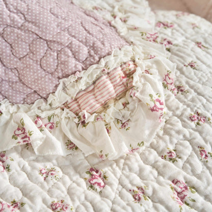 DaDalogy Cotton Patchwork Throw Blanket - Floral Cottage Quilted Reversible Blush Pink & Cream Shabby Chic Botanical Ruffle Design - Vintage Garden Rose Pastel Accents (3031)- 50 x 60- DaDalogy Bedding Collection- {{Product type}}