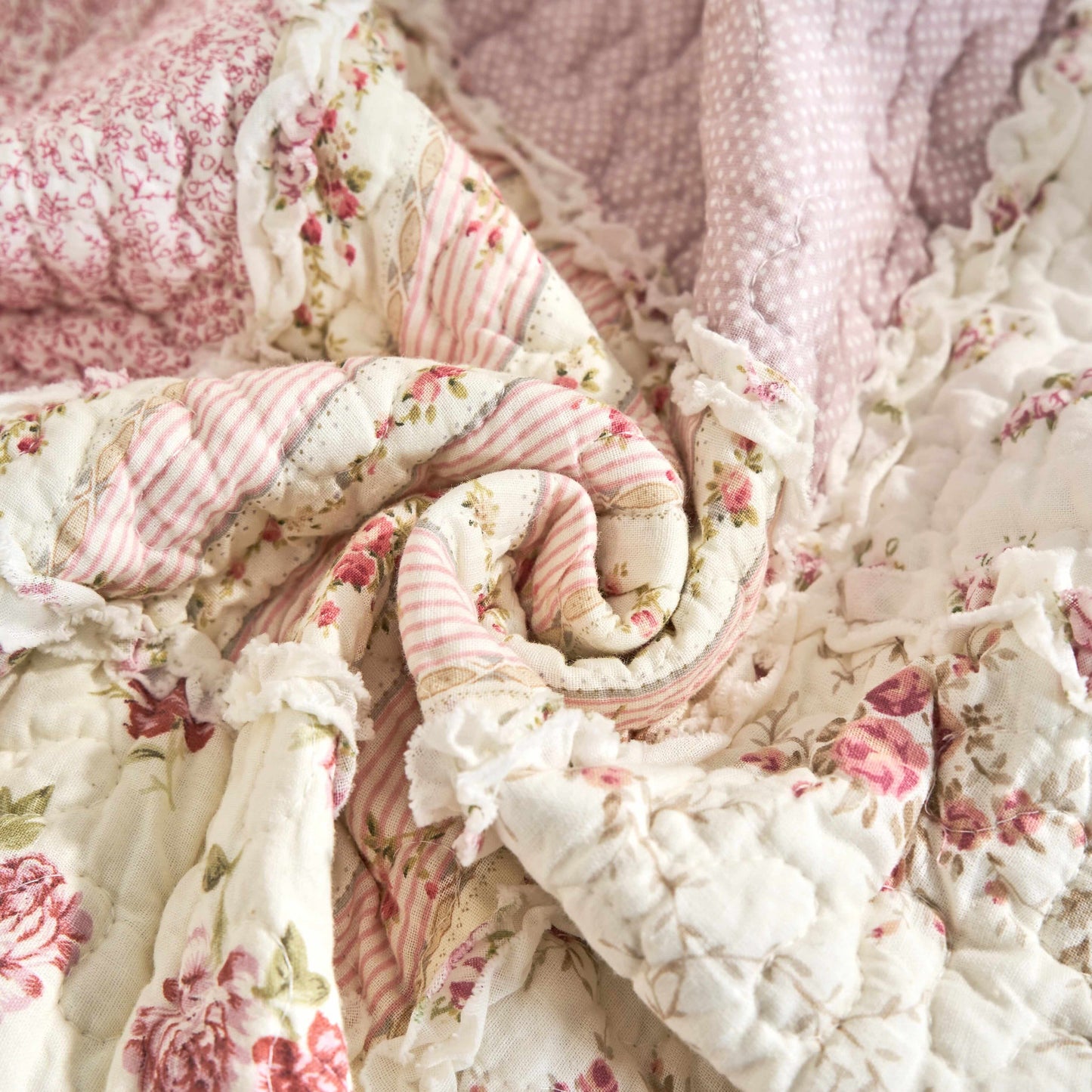 DaDalogy Cotton Patchwork Throw Blanket - Floral Cottage Quilted Reversible Blush Pink & Cream Shabby Chic Botanical Ruffle Design - Vintage Garden Rose Pastel Accents (3031)- 50 x 60- DaDalogy Bedding Collection- {{Product type}}