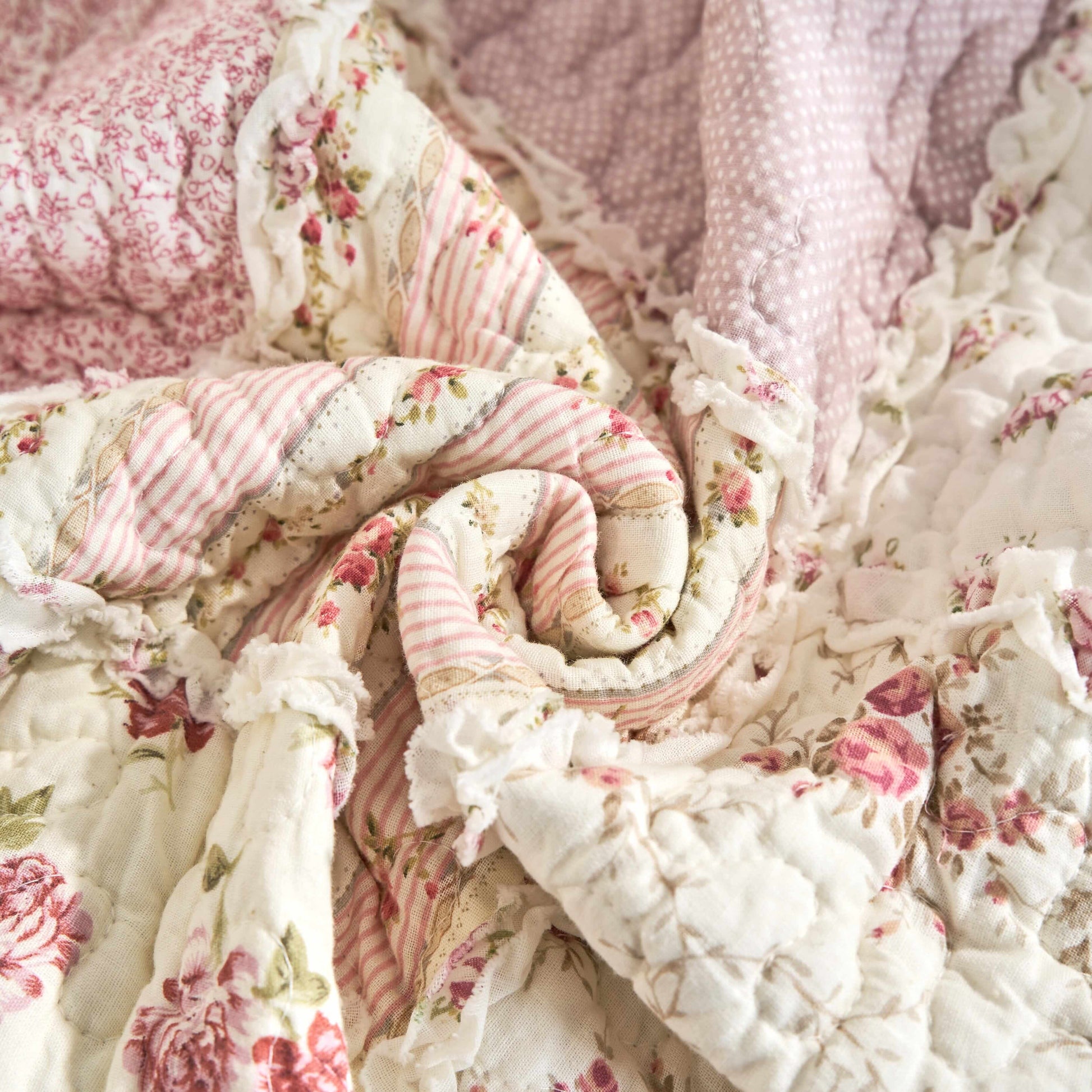 DaDalogy Cotton Patchwork Throw Blanket - Floral Cottage Quilted Reversible Blush Pink & Cream Shabby Chic Botanical Ruffle Design - Vintage Garden Rose Pastel Accents (3031)- 50 x 60- DaDalogy Bedding Collection- {{Product type}}