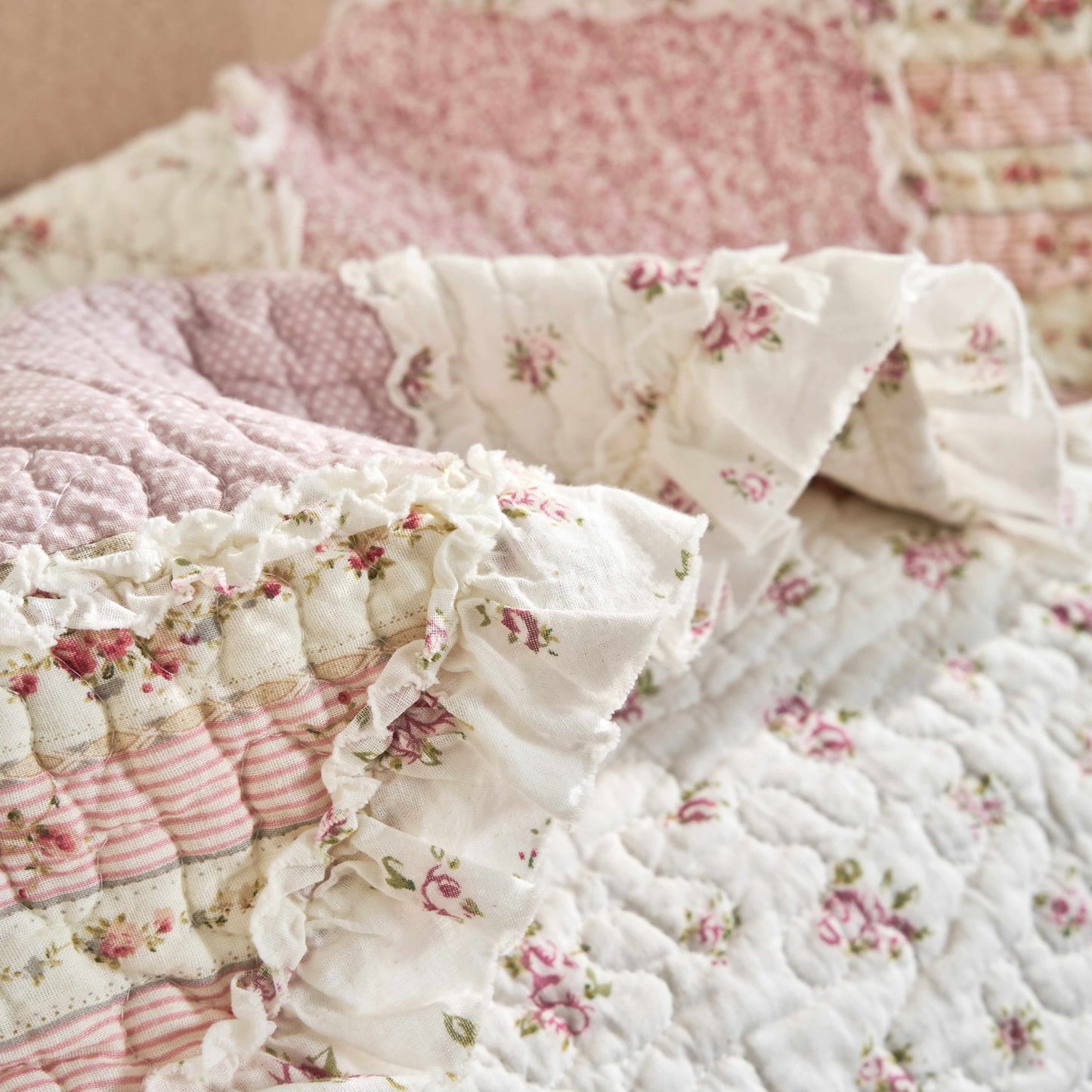 DaDalogy Cotton Patchwork Throw Blanket - Floral Cottage Quilted Reversible Blush Pink & Cream Shabby Chic Botanical Ruffle Design - Vintage Garden Rose Pastel Accents (3031)- 50 x 60- DaDalogy Bedding Collection- {{Product type}}