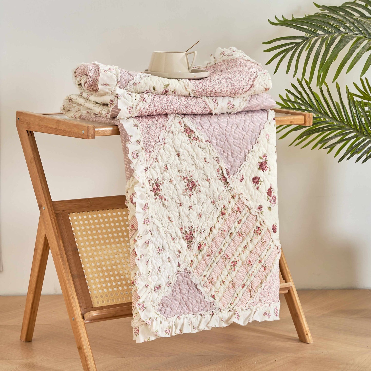 DaDalogy Cotton Patchwork Throw Blanket - Floral Cottage Quilted Reversible Blush Pink & Cream Shabby Chic Botanical Ruffle Design - Vintage Garden Rose Pastel Accents (3031)- 50 x 60- DaDalogy Bedding Collection- {{Product type}}