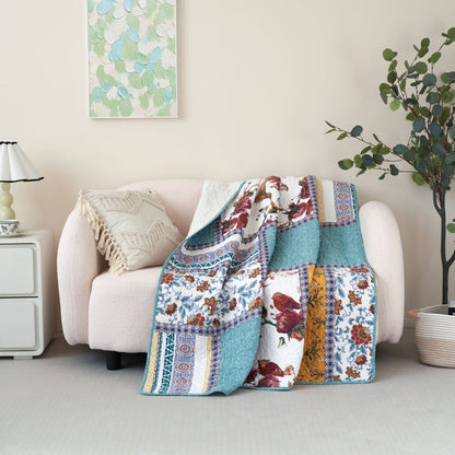 Tache Cotton Patchwork Old World Garden Pastel Blue Yellow Red Hummingbirds Quilted Throw Blanket (JHW-936) - - Blanket