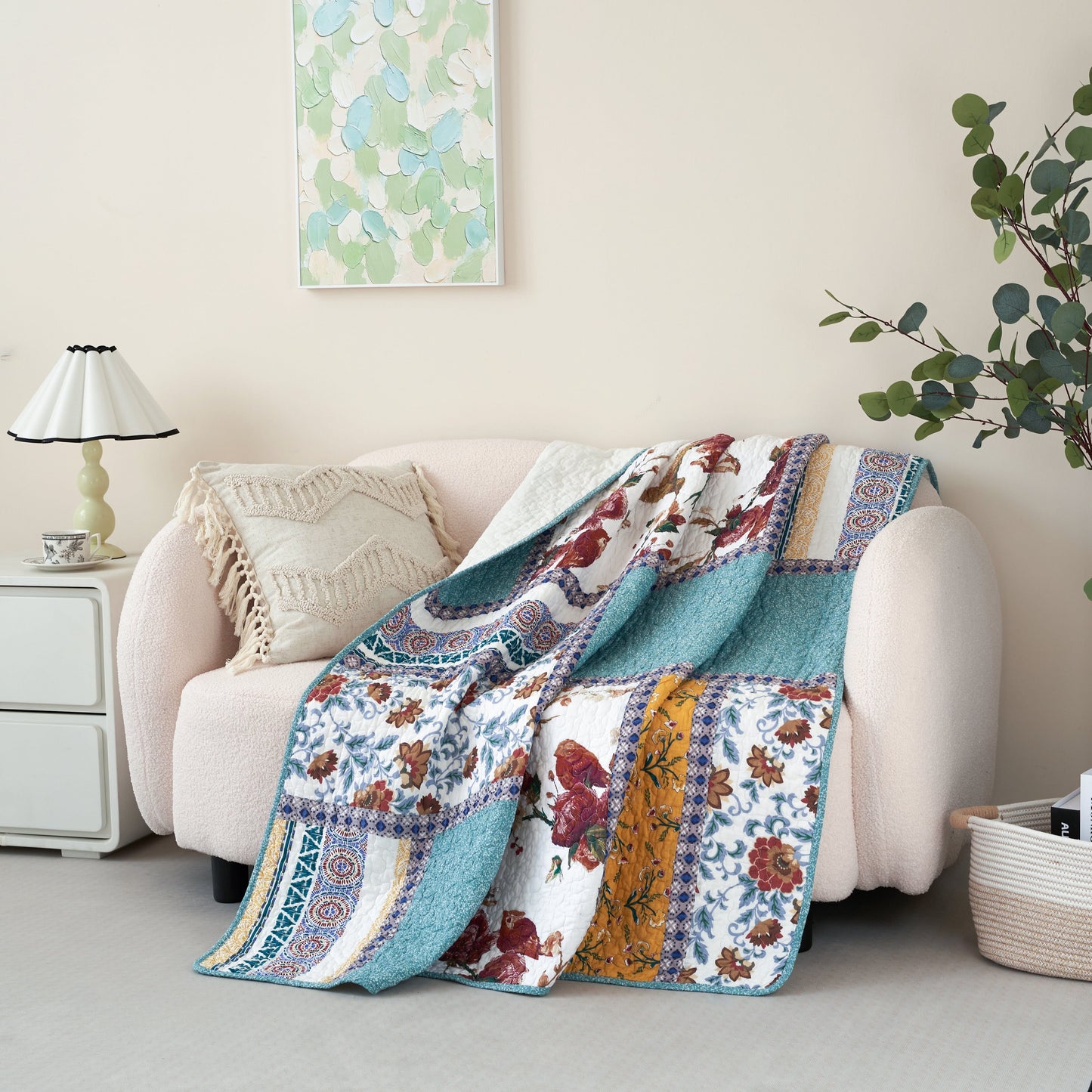 Tache Cotton Patchwork Old World Garden Pastel Blue Yellow Red Hummingbirds Quilted Throw Blanket (JHW-936) - - Blanket
