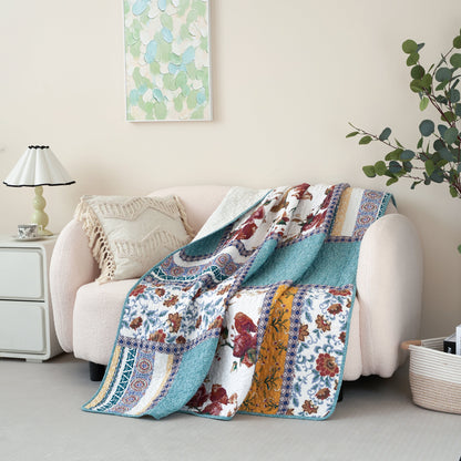 Tache Cotton Patchwork Old World Garden Pastel Blue Yellow Red Hummingbirds Quilted Throw Blanket (JHW-936) - - Blanket