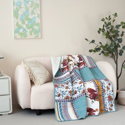 Tache Cotton Patchwork Old World Garden Pastel Blue Yellow Red Hummingbirds Quilted Throw Blanket (JHW-936) - - Blanket