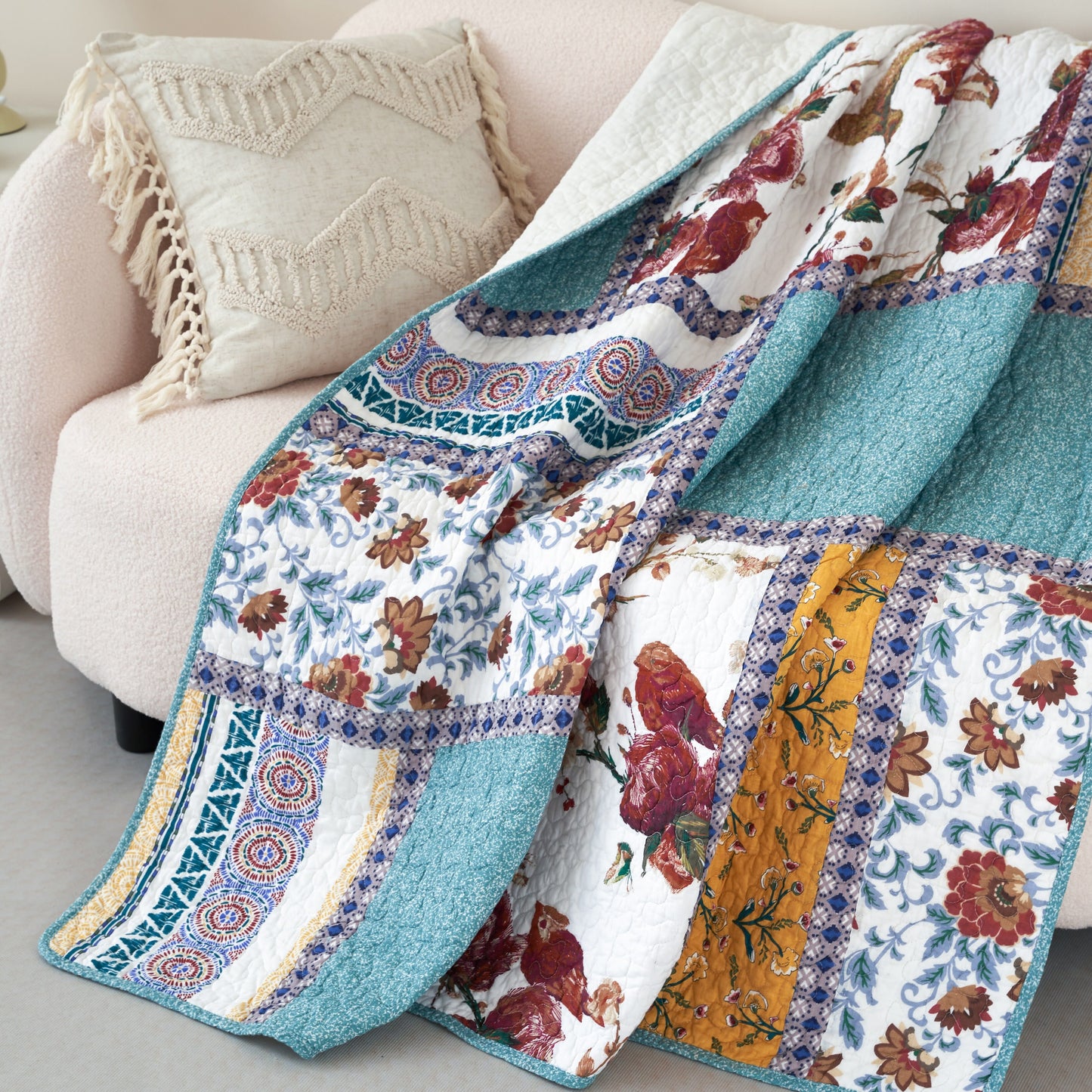 Tache Cotton Patchwork Old World Garden Pastel Blue Yellow Red Hummingbirds Quilted Throw Blanket (JHW-936) - - Blanket