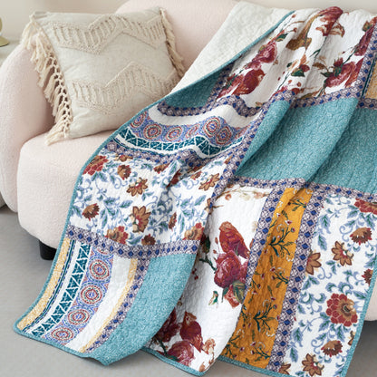 Tache Cotton Patchwork Old World Garden Pastel Blue Yellow Red Hummingbirds Quilted Throw Blanket (JHW-936) - - Blanket
