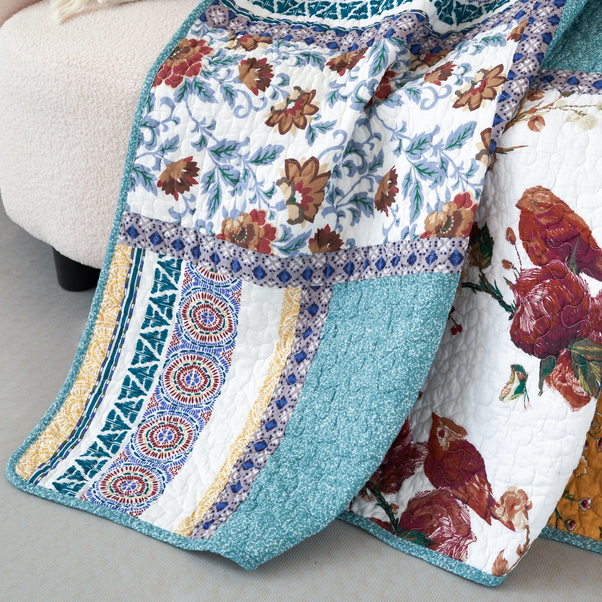 Tache Cotton Patchwork Old World Garden Pastel Blue Yellow Red Hummingbirds Quilted Throw Blanket (JHW-936) - - Blanket