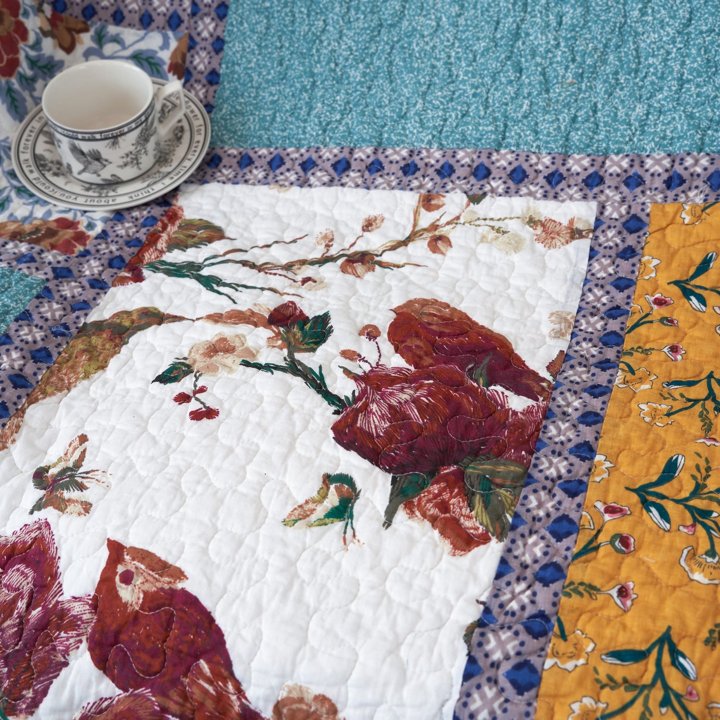 Tache Cotton Patchwork Old World Garden Pastel Blue Yellow Red Hummingbirds Quilted Throw Blanket (JHW-936) - - Blanket