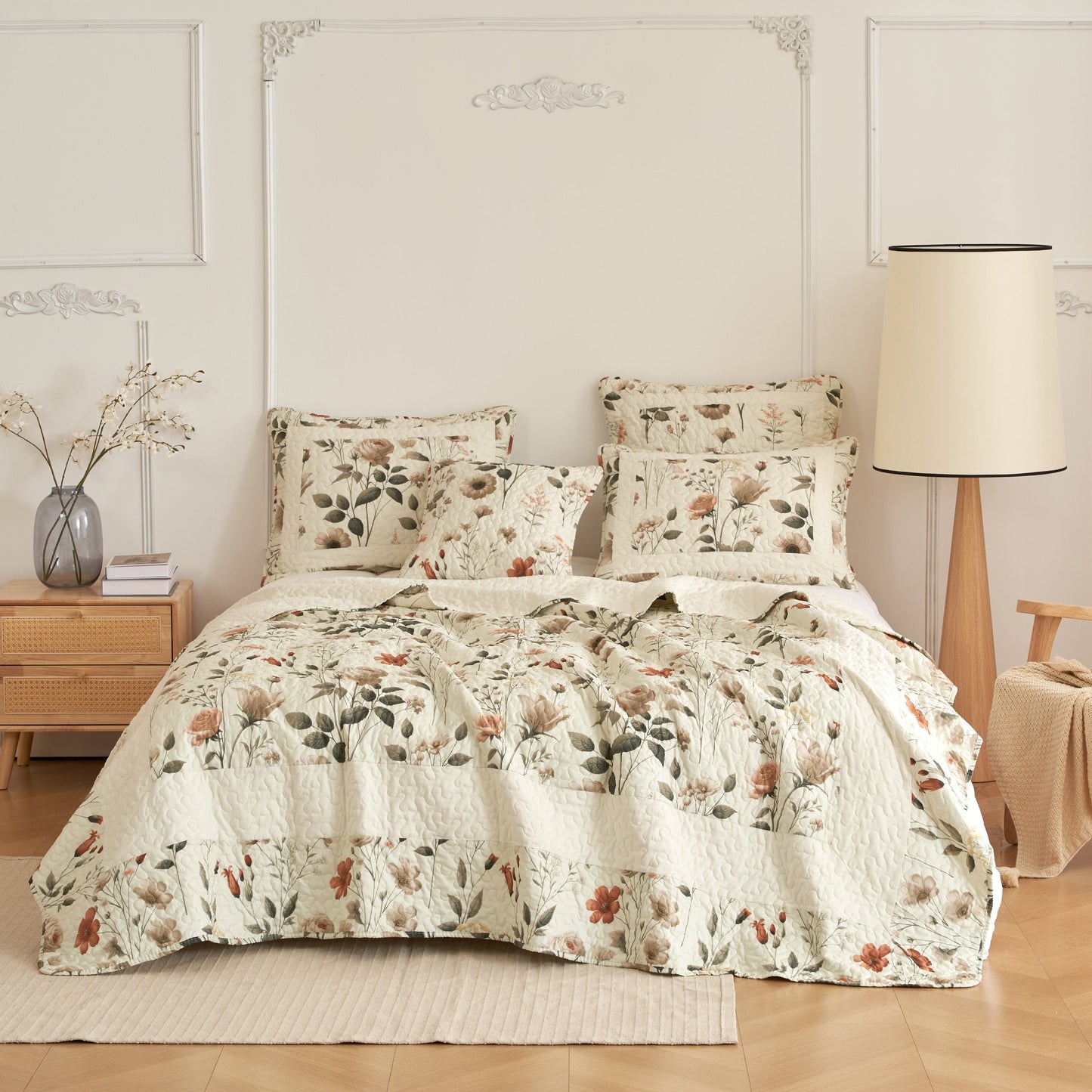 DaDalogy Enchanted Meadow Bed in a bag Set - Victoria Garden Delicate Floral Symphony in Beige, Rose, and Soft Green, Luxuriously Soft Quilted Set- DaDalogy Bedding Collection- {{Product type}}