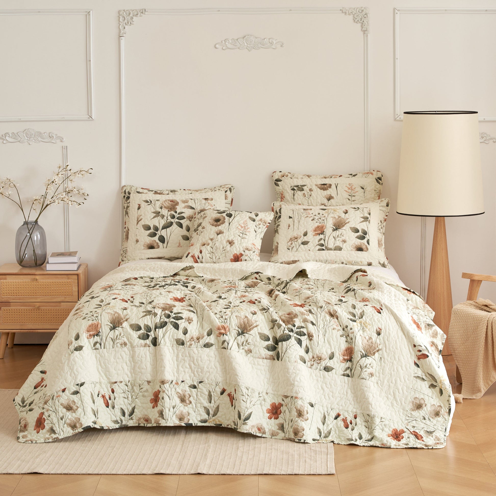 DaDalogy Enchanted Meadow Bed in a bag Set - Victoria Garden Delicate Floral Symphony in Beige, Rose, and Soft Green, Luxuriously Soft Quilted Set- DaDalogy Bedding Collection- {{Product type}}