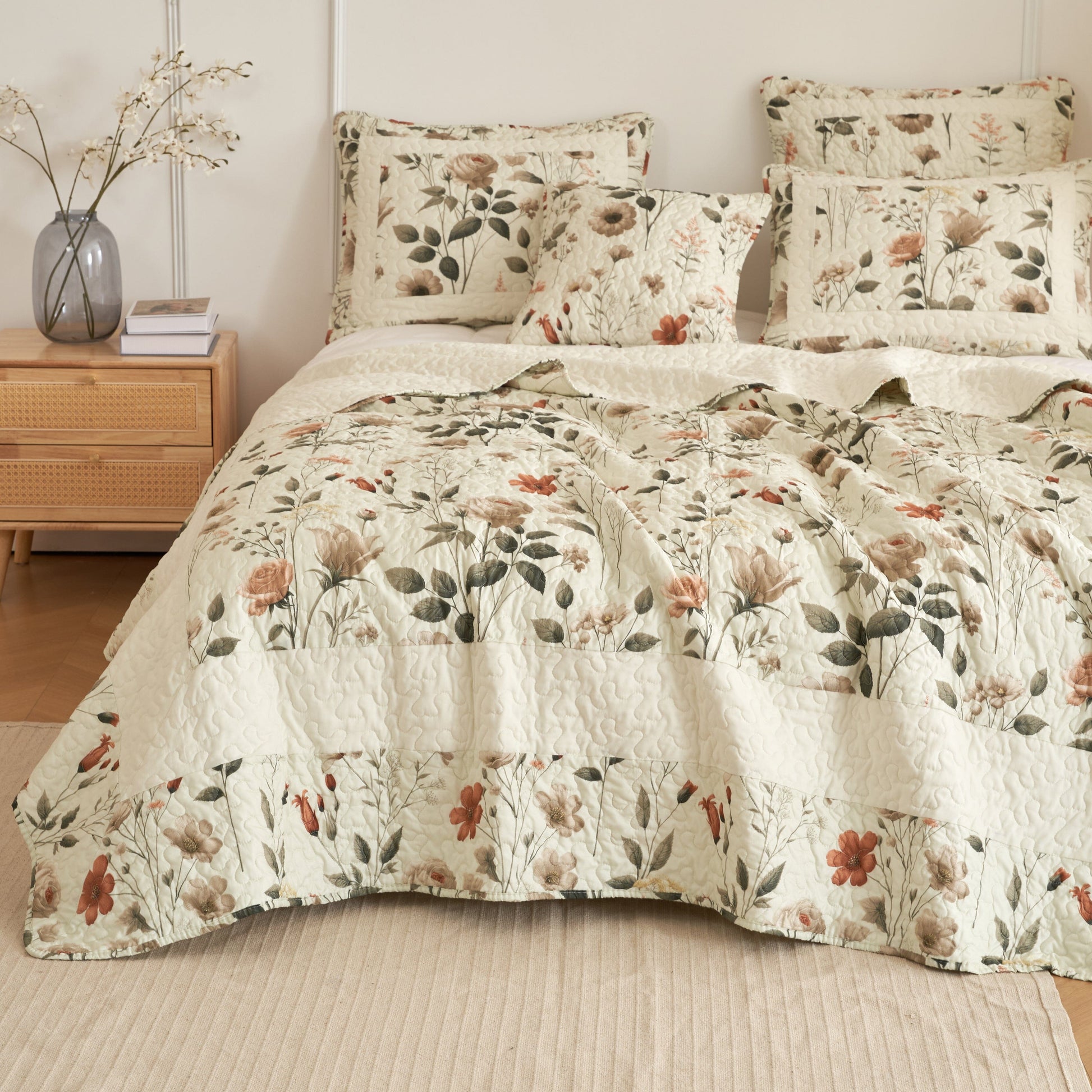 DaDalogy Enchanted Meadow Bed in a bag Set - Victoria Garden Delicate Floral Symphony in Beige, Rose, and Soft Green, Luxuriously Soft Quilted Set- DaDalogy Bedding Collection- {{Product type}}
