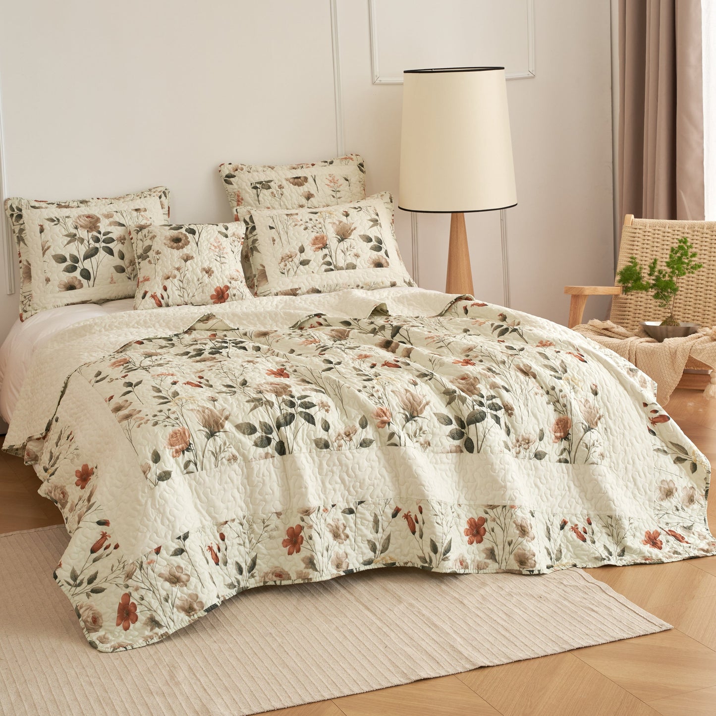 DaDalogy Enchanted Meadow Bed in a bag Set - Victoria Garden Delicate Floral Symphony in Beige, Rose, and Soft Green, Luxuriously Soft Quilted Set- DaDalogy Bedding Collection- {{Product type}}