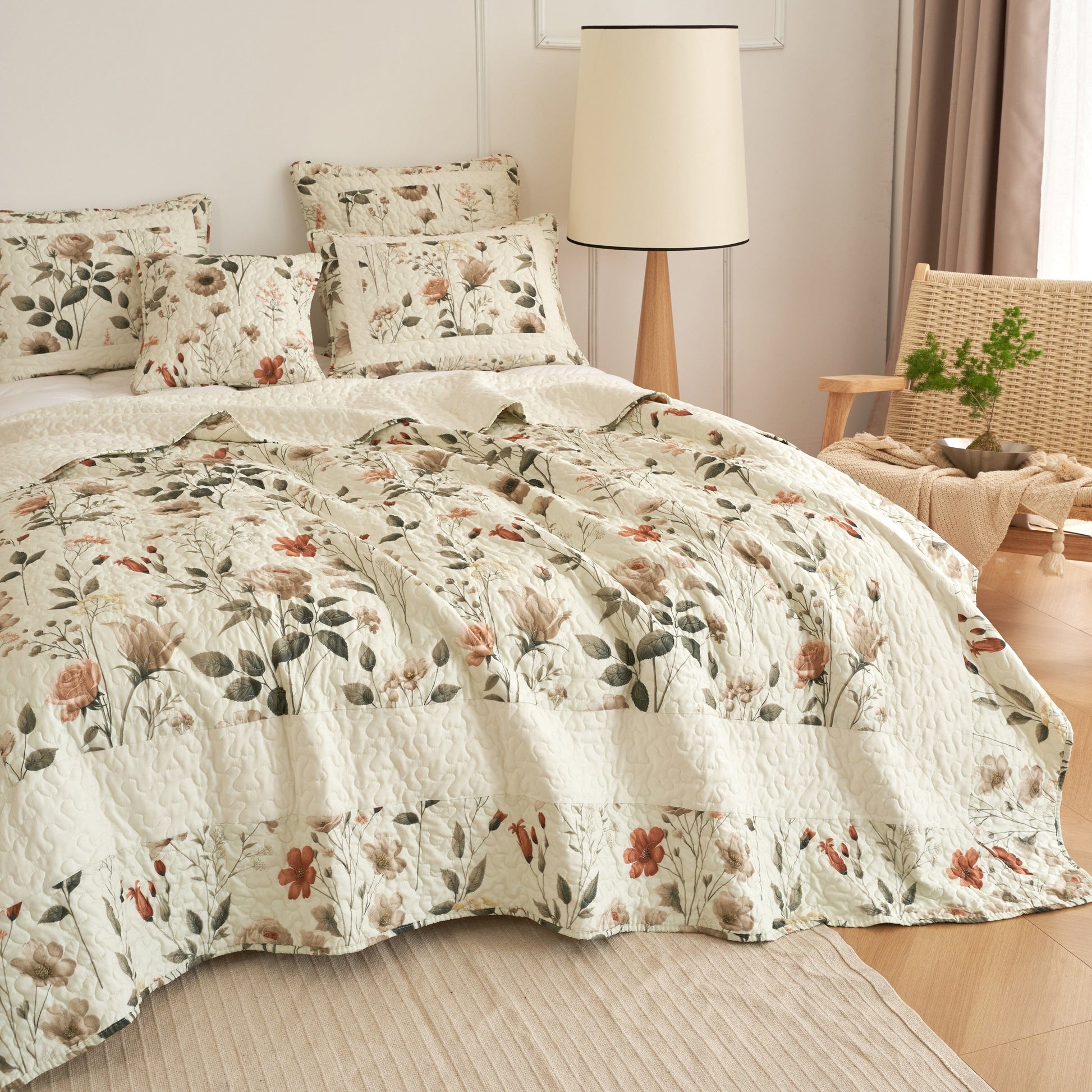 DaDalogy Enchanted Meadow Bed in a bag Set - Victoria Garden Delicate Floral Symphony in Beige, Rose, and Soft Green, Luxuriously Soft Quilted Set- DaDalogy Bedding Collection- {{Product type}}