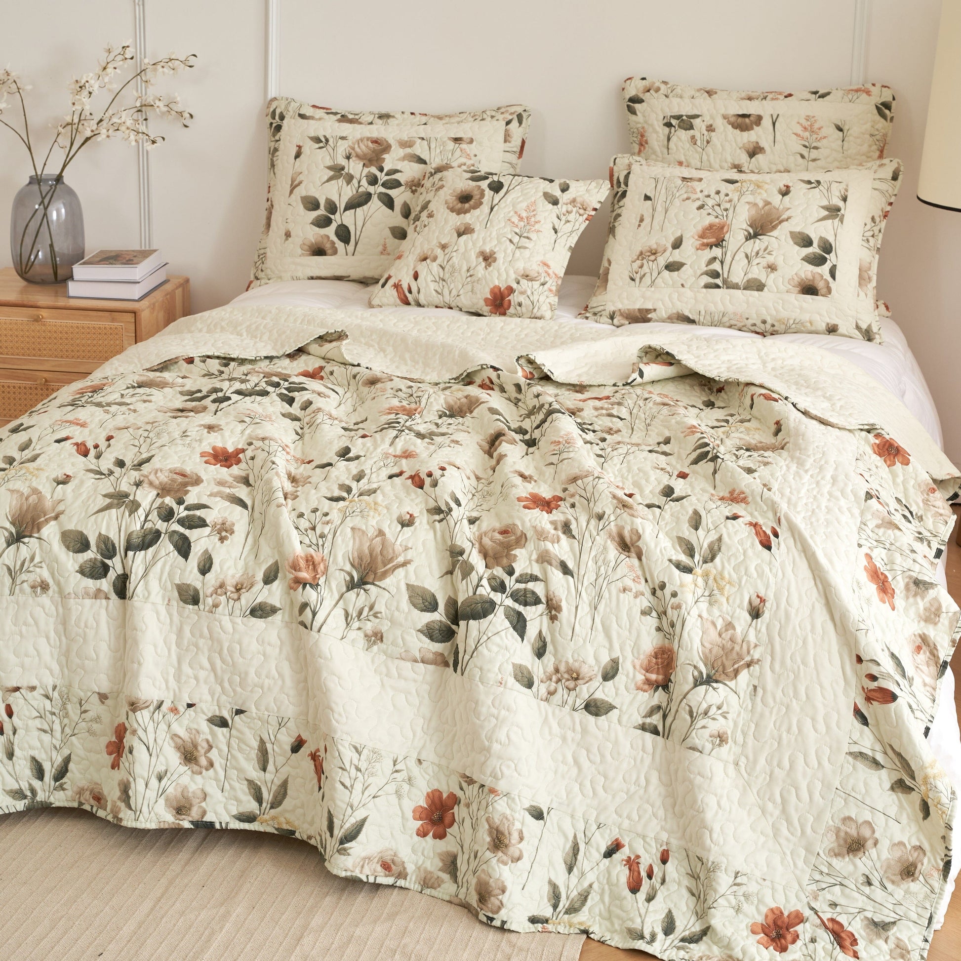 DaDalogy Enchanted Meadow Bed in a bag Set - Victoria Garden Delicate Floral Symphony in Beige, Rose, and Soft Green, Luxuriously Soft Quilted Set- DaDalogy Bedding Collection- {{Product type}}