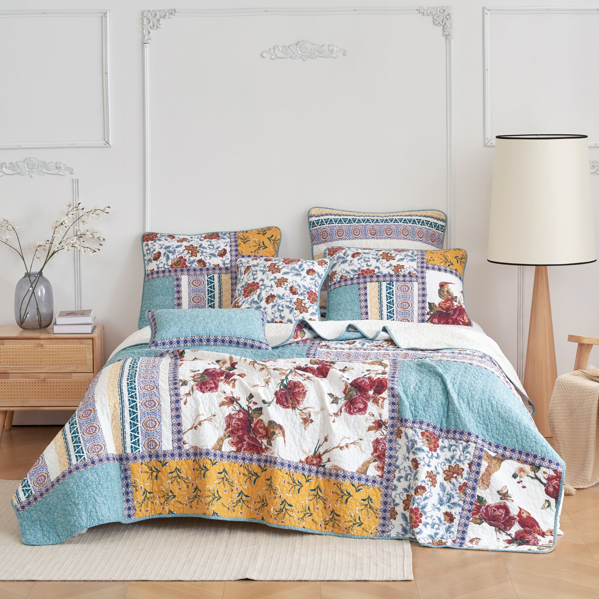 Tache Old World Garden Pastel Blue Yellow Red Hummingbirds Cotton Patchwork Quilt Set (JHW-936) - Cal King - Quilt / Bedspread