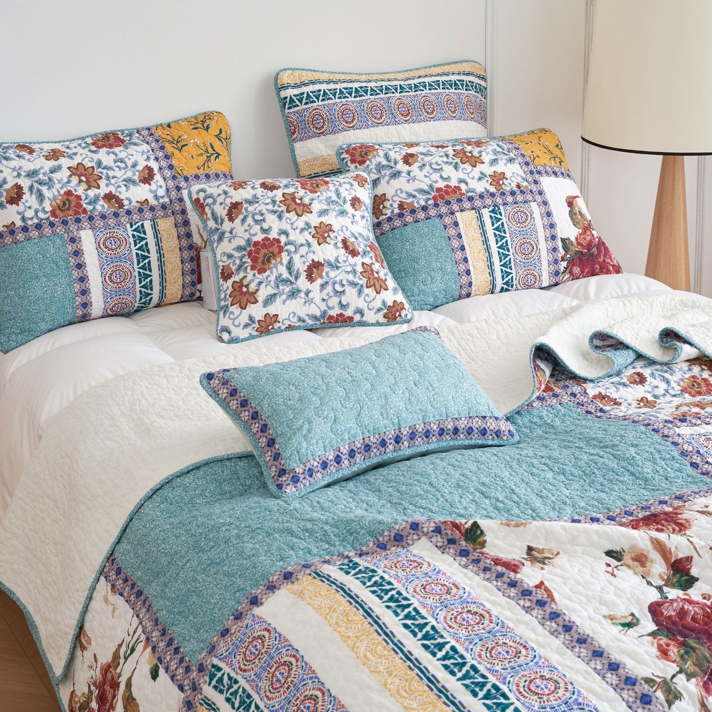 Tache Cotton Patchwork Blue Yellow Old World Hummingbirds Garden Euro Sham (JHW-936) - - Euro Sham / Cushion Cover