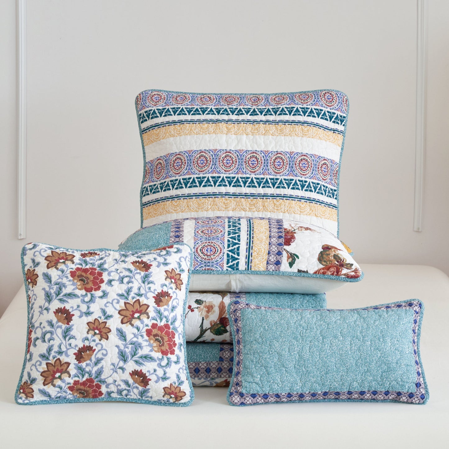 Tache Cotton Patchwork Blue Yellow Old World Hummingbirds Garden Euro Sham (JHW-936) - - Euro Sham / Cushion Cover