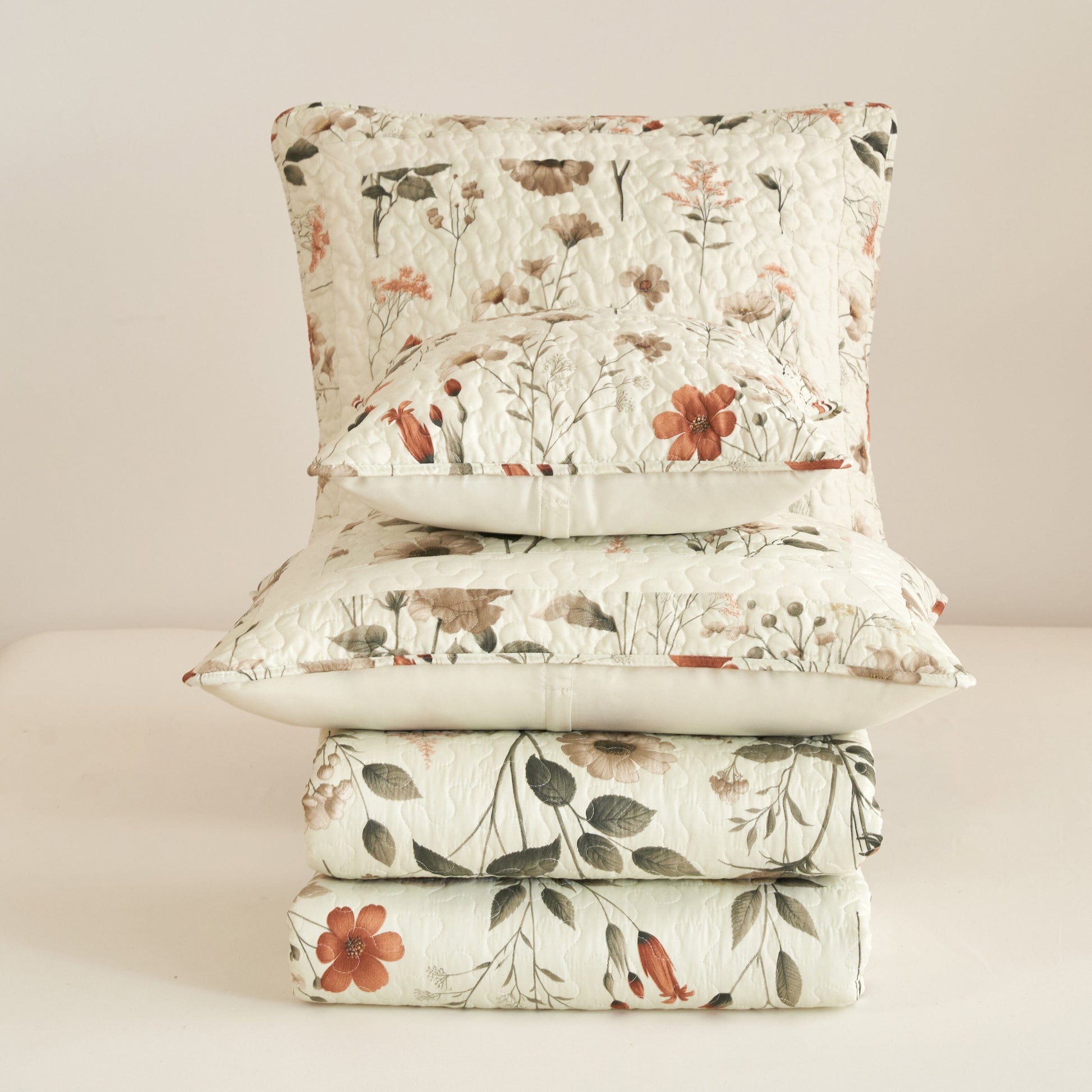 DaDalogy Enchanted Meadow Bed in a bag Set - Victoria Garden Delicate Floral Symphony in Beige, Rose, and Soft Green, Luxuriously Soft Quilted Set- DaDalogy Bedding Collection- {{Product type}}