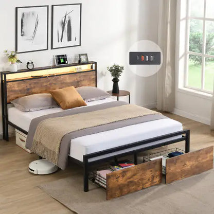 Full Size Bed Frame With Storage Headboard And 2 Drawers