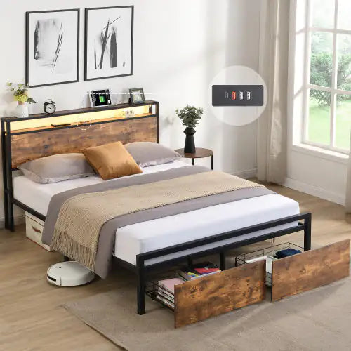 Full Size Bed Frame With Storage Headboard And 2 Drawers