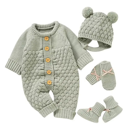 Baby Knit Set - Romper, Beanie, Mittens & Booties LIGHT GREEN