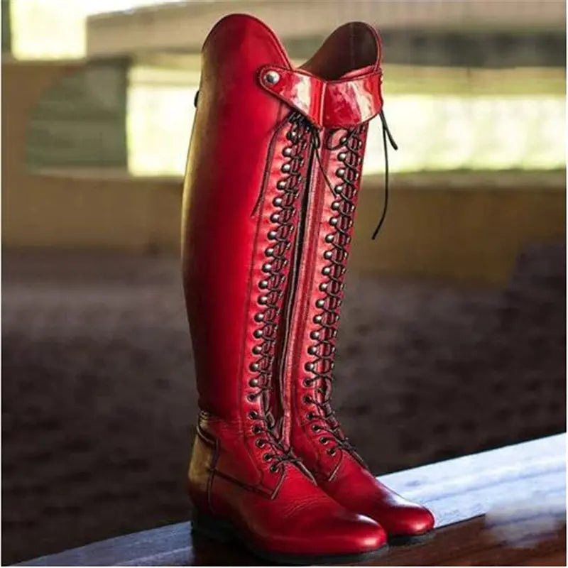 Knee-High Studded Lace-Up Chunky Heeled Boots - Red 41 - heeled boots