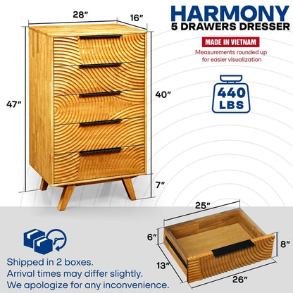 Harmony Solid Wood Dresser with 5 Drawers - - Dresser