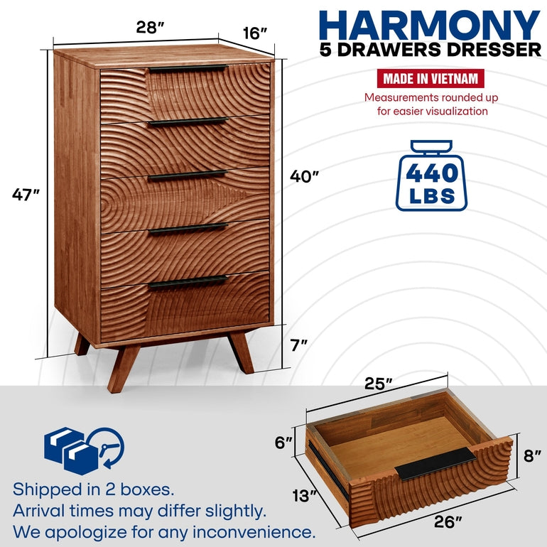 Harmony Solid Wood Dresser with 5 Drawers - - Dresser