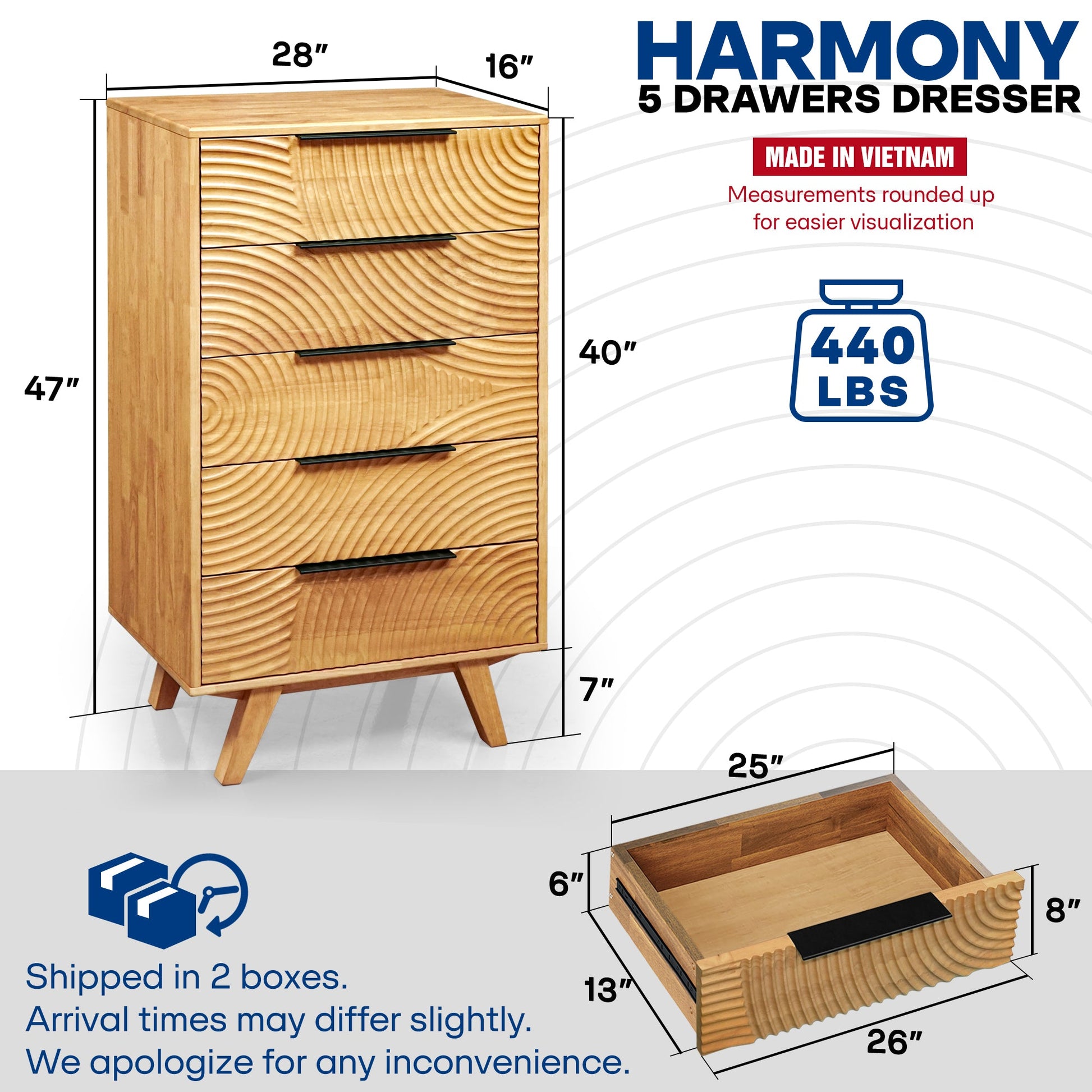 Harmony Solid Wood Dresser with 5 Drawers - - Dresser