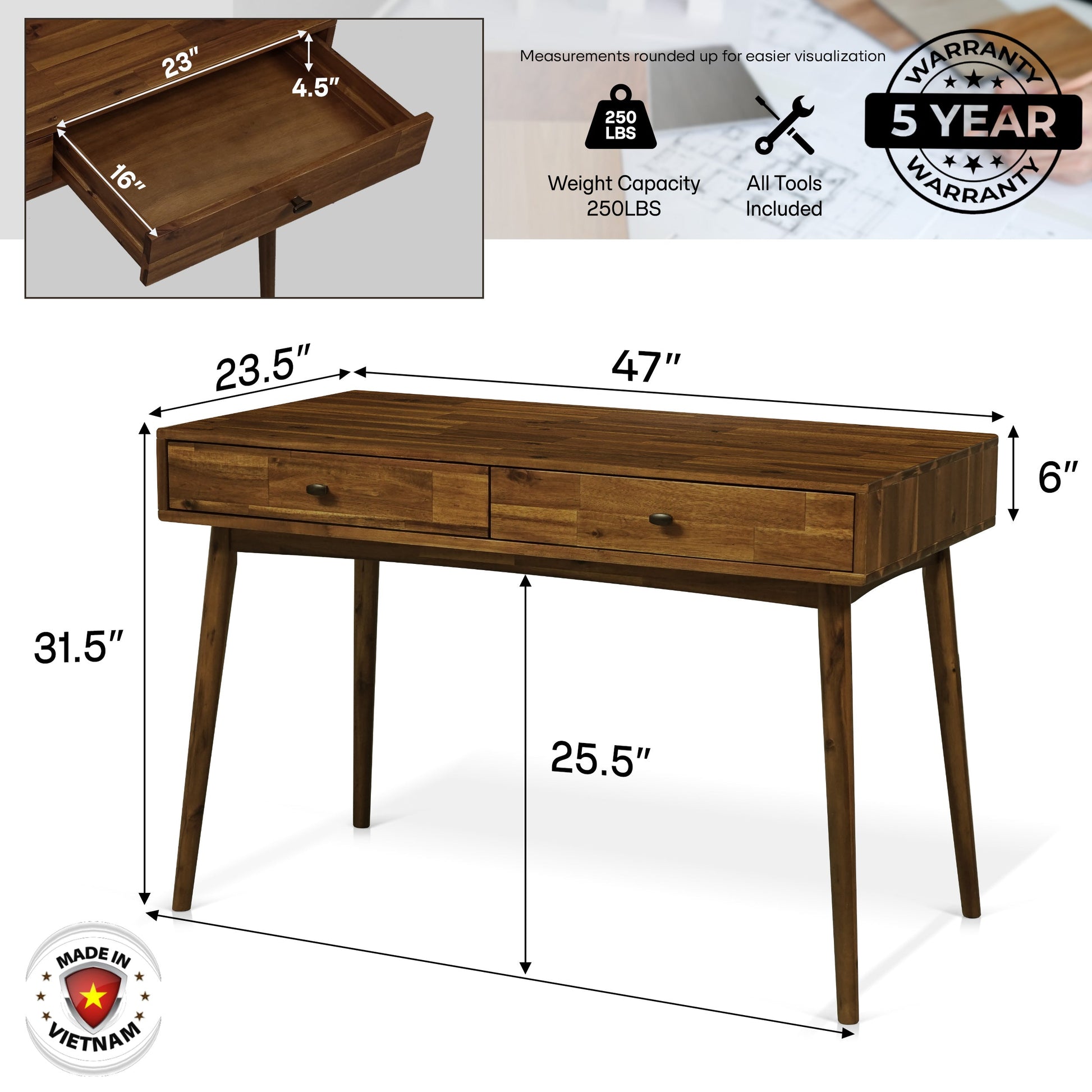 Acacia Lagom 48" Solid Wood Work Desk with Drawers for Functional Home Office - - Table