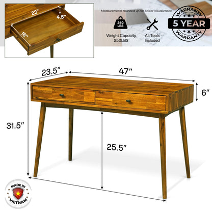 Acacia Lagom 48" Solid Wood Work Desk with Drawers for Functional Home Office - - Table