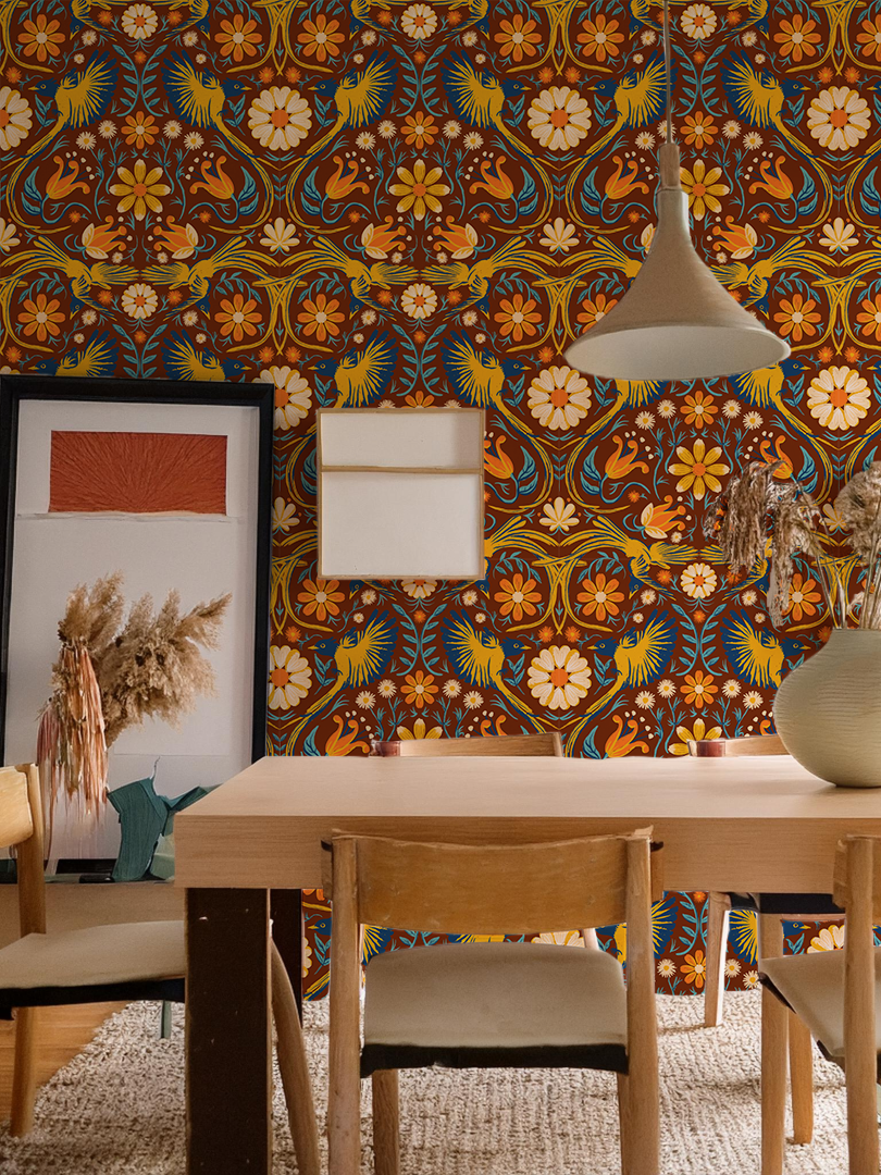 Folkie Birdie Wallpaper, rust, marigold and blue- Samantha Santana Creative- {{Product type}}