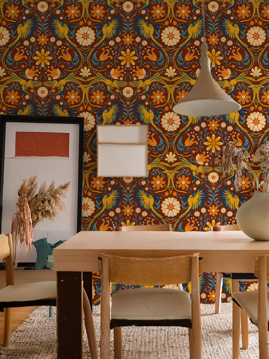 Folkie Birdie Wallpaper Rust, Marigold and Blue - - Wallpaper