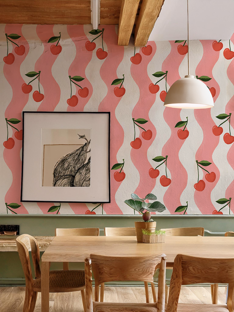Wavy Cherry Wallpaper, white and pink- Samantha Santana Creative- {{Product type}}